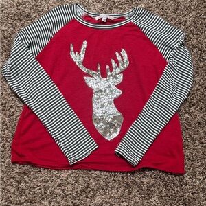 Red and dark Grey Striped Kids Shirt with Sequin Deer